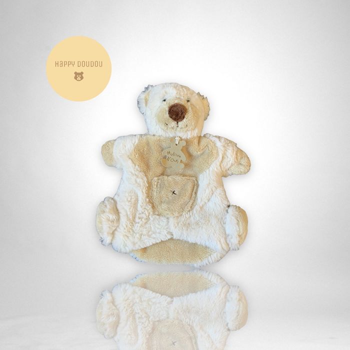 Doudou Peluche Marionnette Ours blanc et beige histoire d'ours DP212