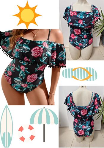 Maillot de Bain Tankini Une Piece Col Bateau Pompons Fleurs Taille 2XL 48