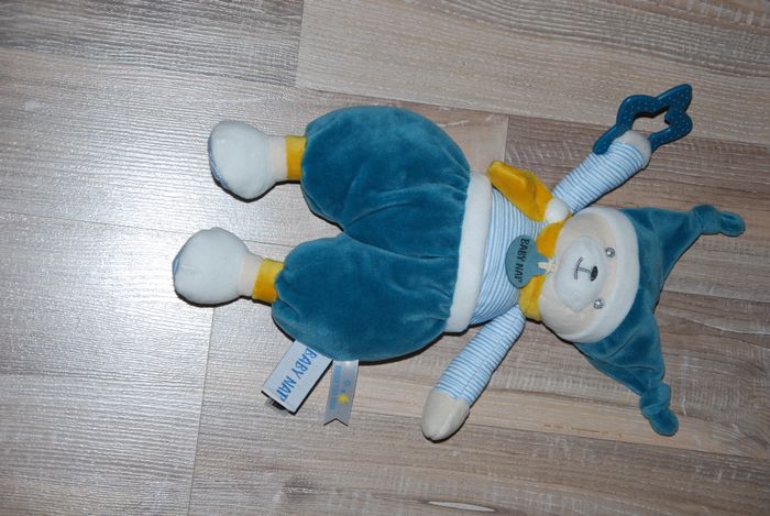 doudou ours Polochon babynat Etoile rayure bleu jaune
