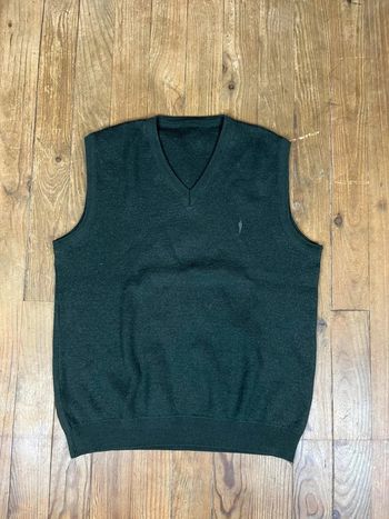 Pull sans manches vintage laine Made in France brodé vert foncé L