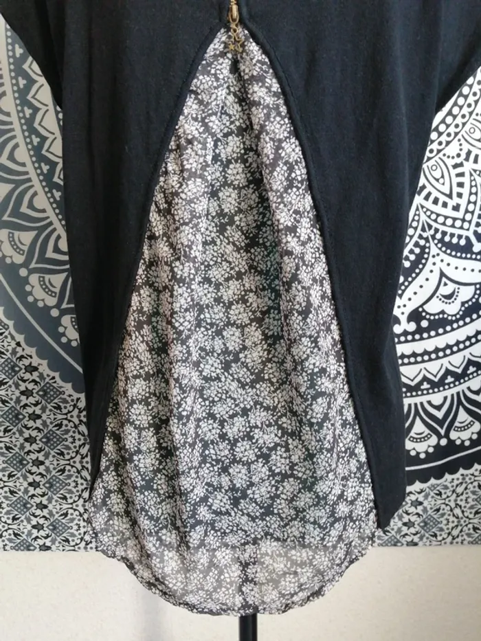 Tee-shirt noir bi matière pull et voile fleuri dans le dos avec fermeture / season / (M) - photo numéro 7