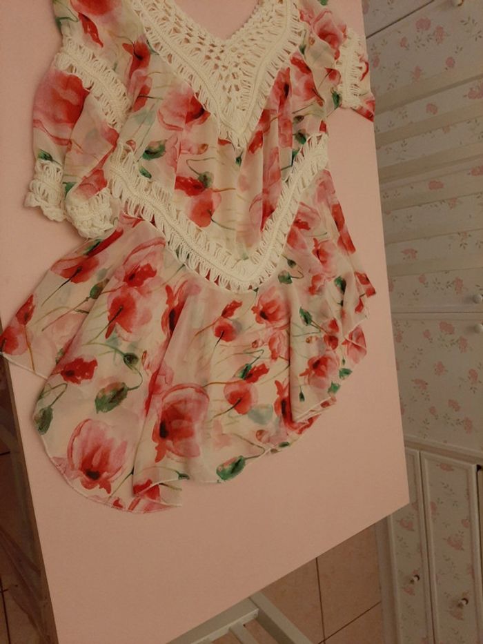 Haut femme fluide fuschia et blanc cassé tailleL - photo numéro 4