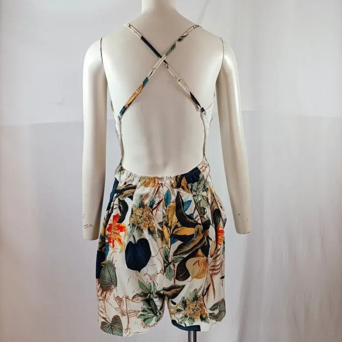 Combishort blanc dentelle et imprimé tropical, fines bretelles croisées, taille XL A1209 - photo numéro 4