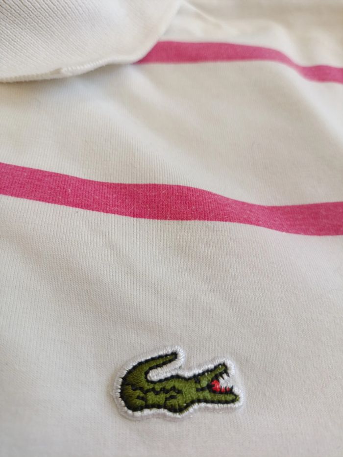 Polo Lacoste vintage blanc à rayures roses - Made in France - unisexe - photo numéro 2