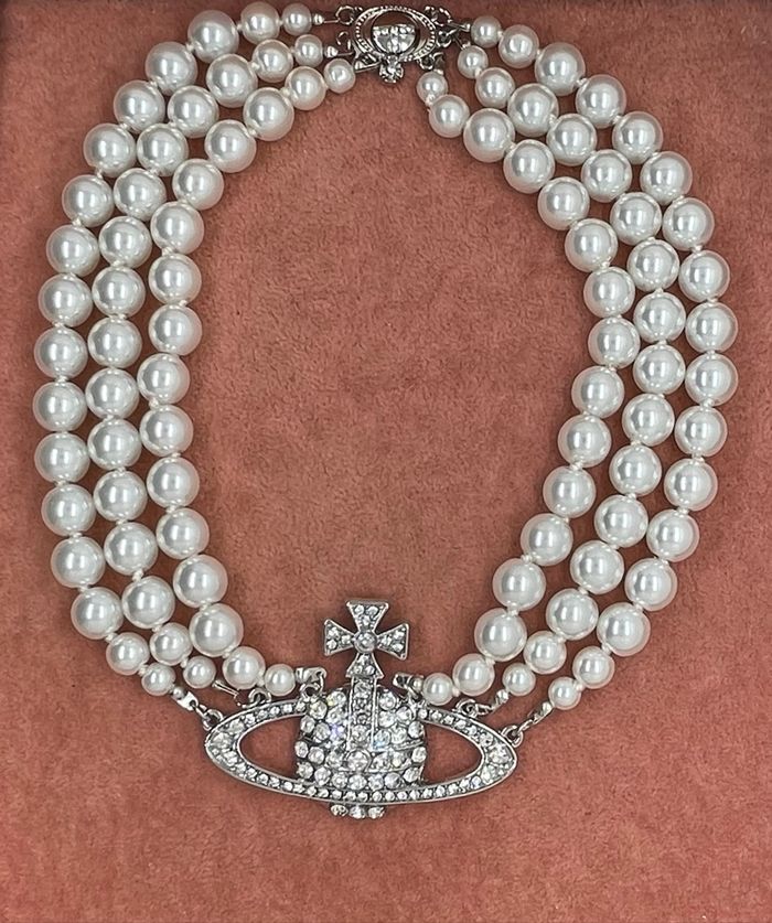 Collier perles 3 rangs motif argenté strass - photo numéro 4