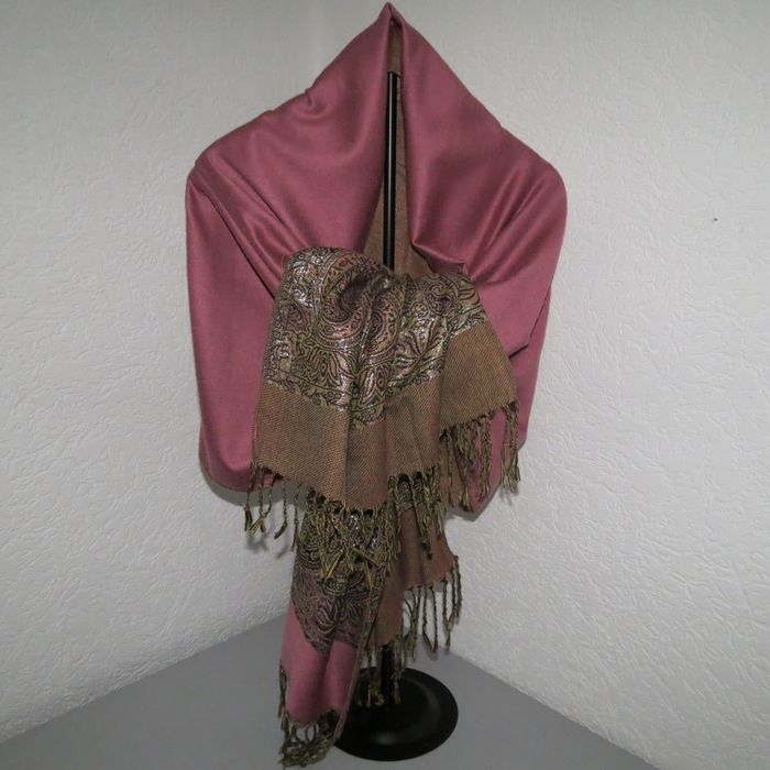 ✨ Écharpe / Châle pashmina bicolore – Rose ancien & motifs cachemire dorés ✨ - photo numéro 6