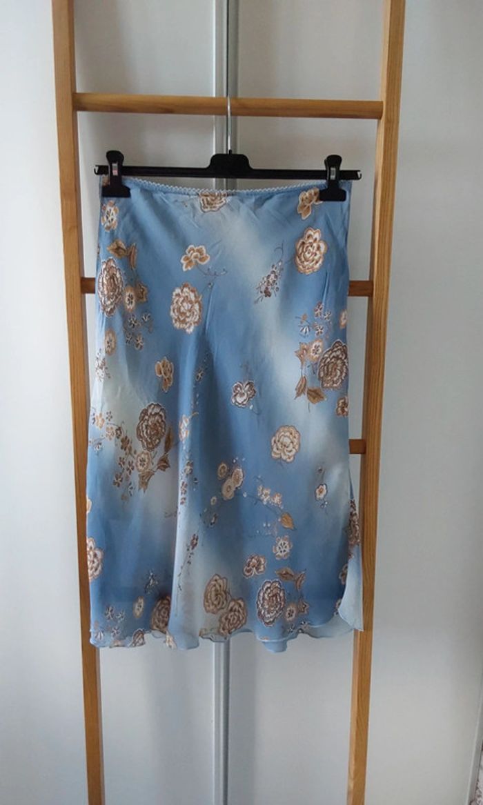 Superbe ensemble fluide Vintage bleu fleuri marron jupe et veste boléro T40 - photo numéro 13