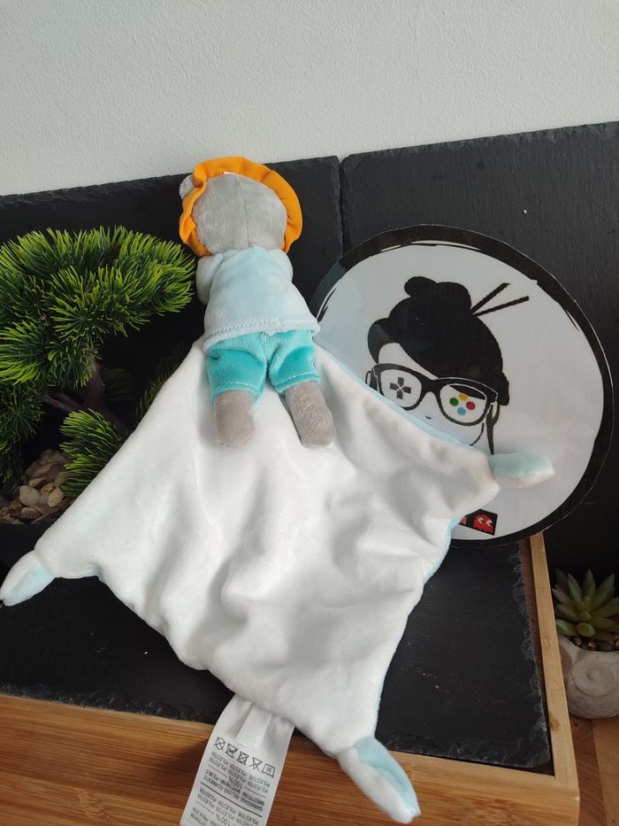 Doudou Siplec Mots D'enfants Leclerc Lion Mouchoir Bleu Pois Blanc Gris Orange - photo numéro 2