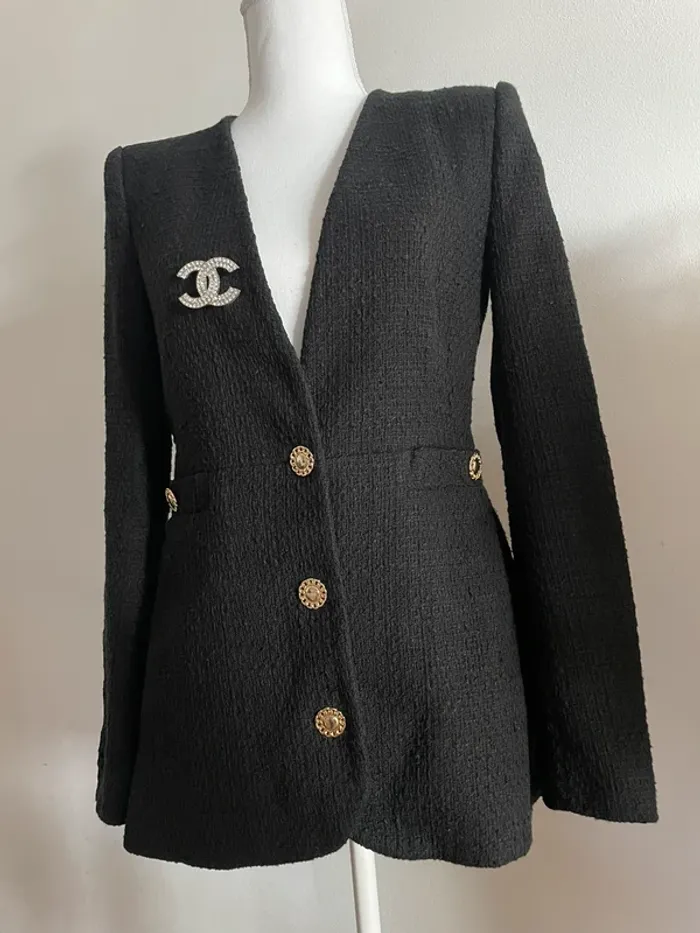 Zara veste blazer tailleur tweed noir avec boutons dorés taille XS - photo numéro 3
