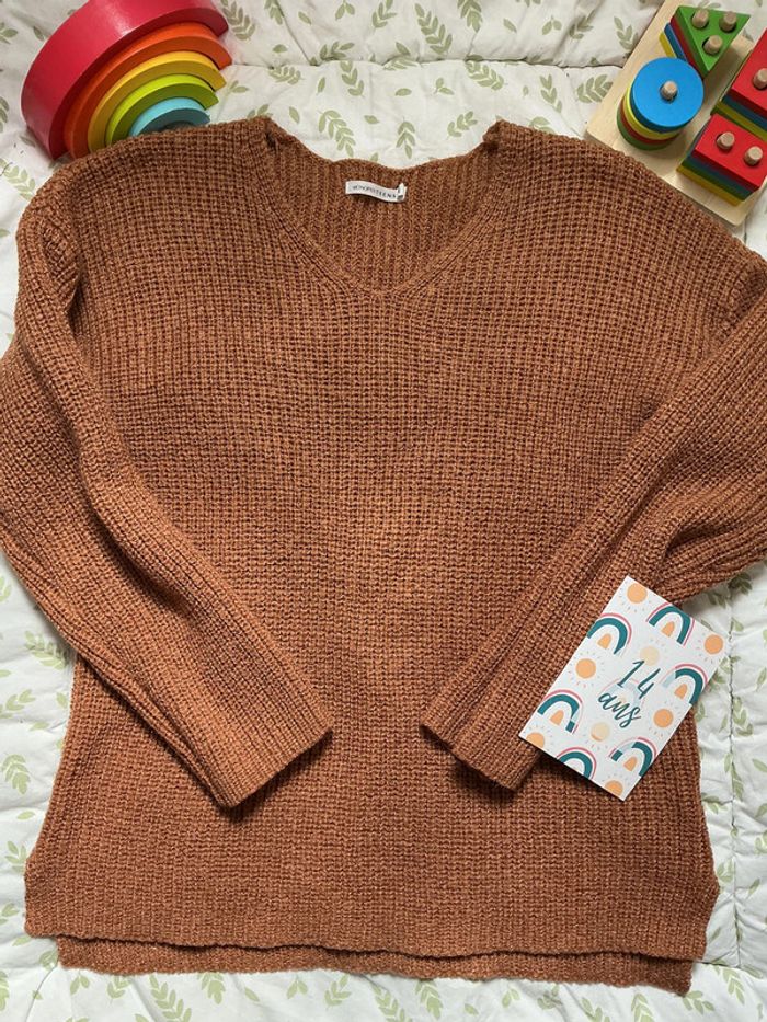 pull marron clair à paillette 14 ans monoprix col V - photo numéro 2