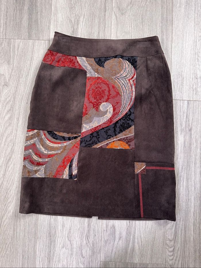 Jupe patchwork en velours marron et orange Gevana Vintage T34 XS - photo numéro 2