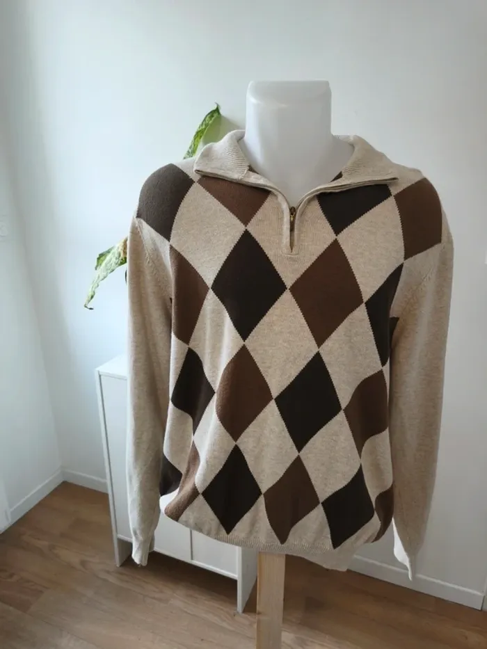 Pull IZOD homme col zippé | Motif losanges (argyle) | 100% coton | Taille M | Très bon état - photo numéro 1