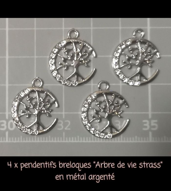 4 x pendentifs breloques "Arbre de vie strass" en métal argenté