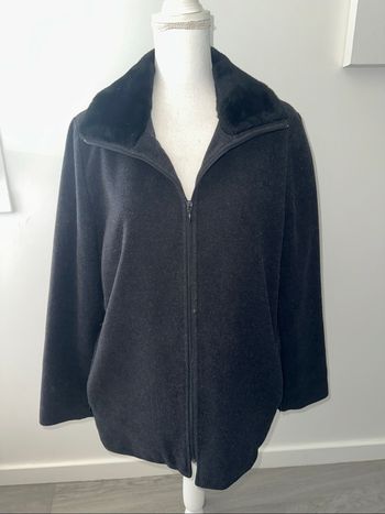 Manteau en laine et fausse fourrure gris et noir Vintage T44 XXL