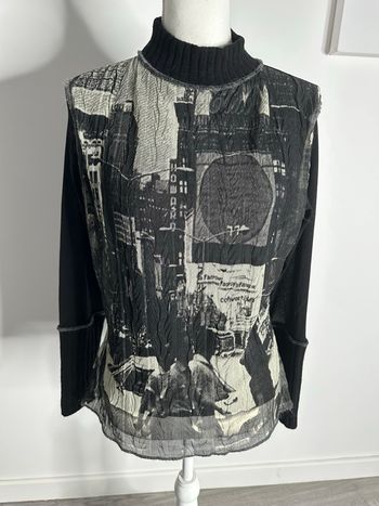 Blouse pull mesh et maille noire et beige Y2K Vintage T42 XL