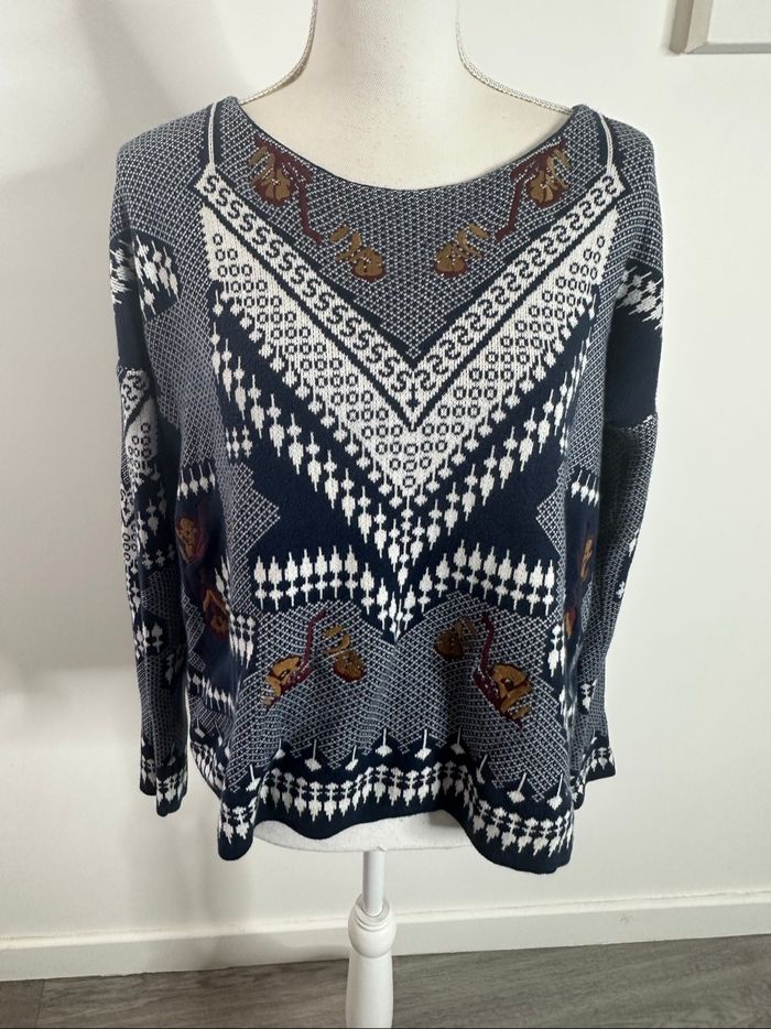 Pull en maille bariolée bleu marine et blanc Ekyog T34/36 S