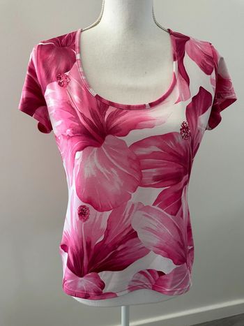 T-shirt à fleurs blanc et rose Camaïeu Vintage T4 42 XL