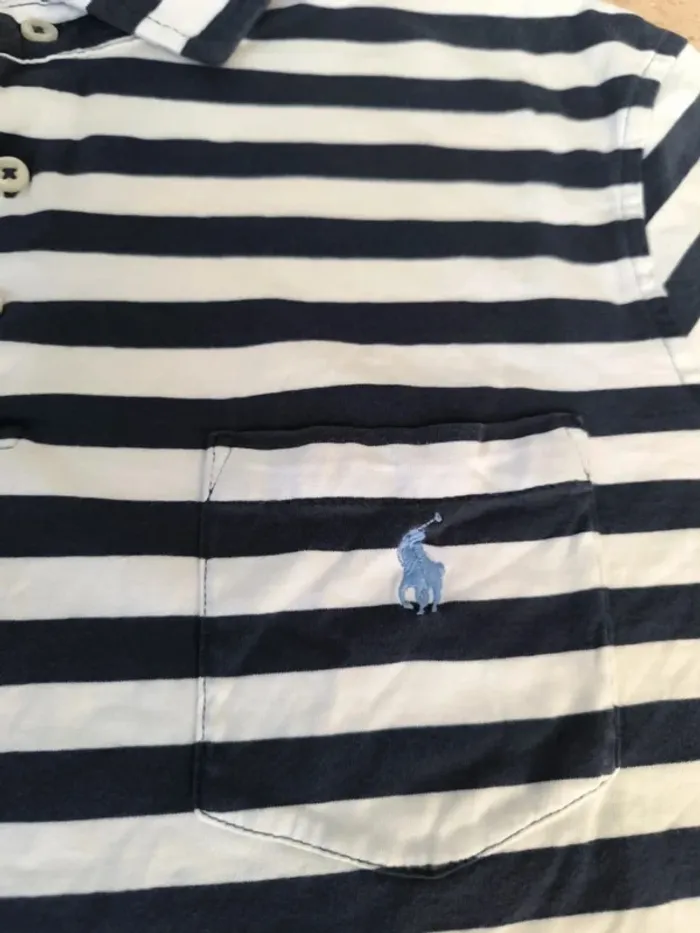 Polo Ralph Lauren homme M tissu fin rayures marine et blanche poche logo bleu ciel - photo numéro 3