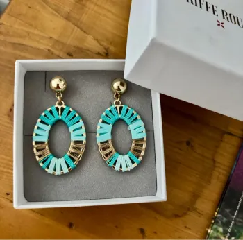 Boucles d’oreilles neuves métal doré et fils bleus