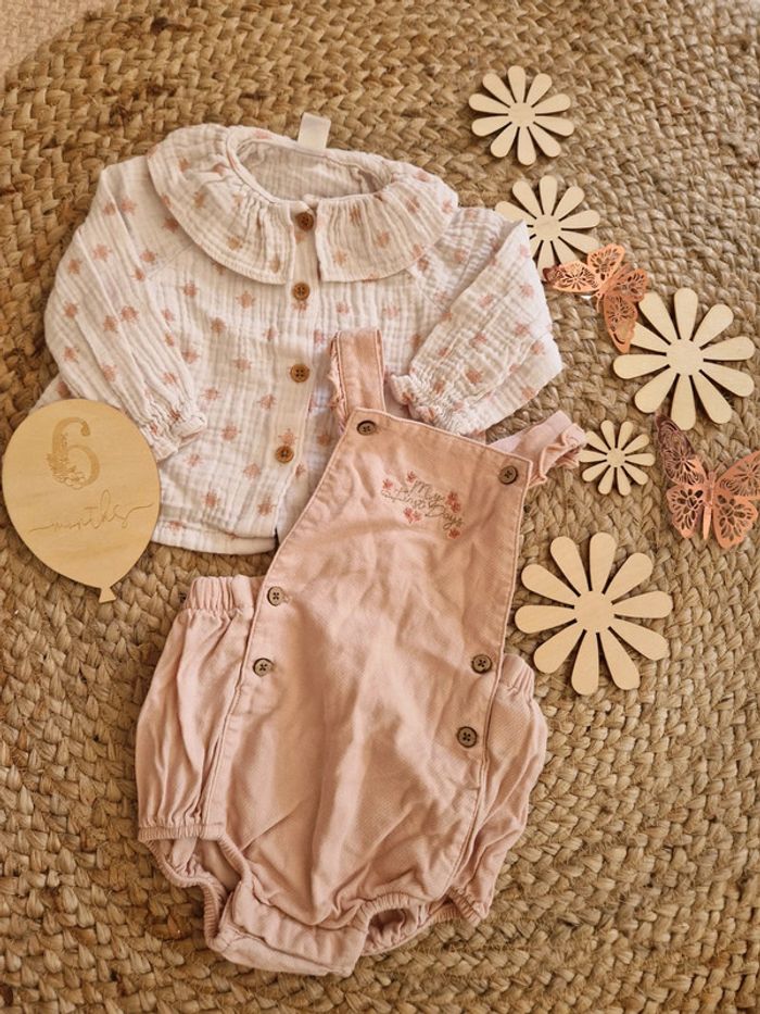 Ensemble blouse col Claudine et barboteuse rose orchestra bébé fille 6 mois