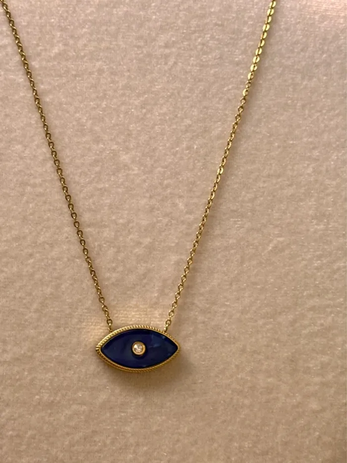 Collier chaîne réglable acier inoxydable or œil bleu lapis-lazuli cristal - photo numéro 5