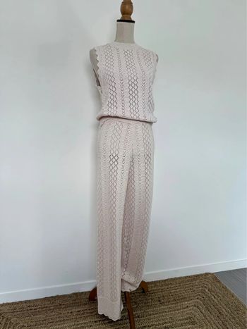 Ensemble maille tricot beige broderie pantalon top sans manches beige crème été