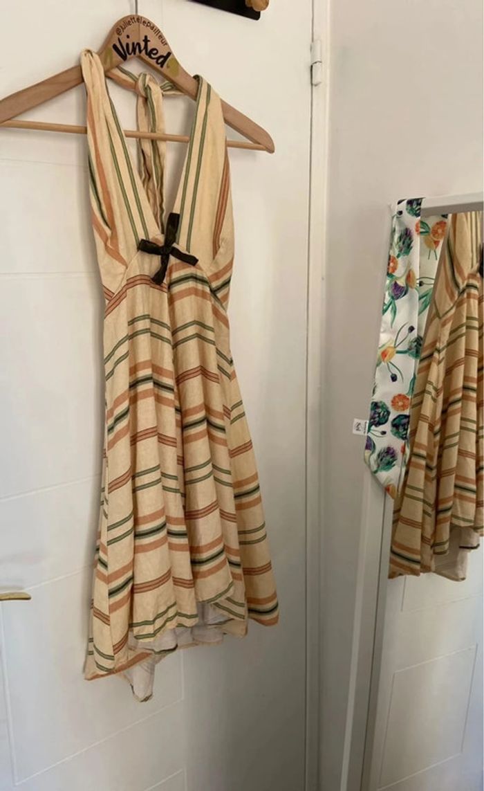 Robe courte crème à rayures Mélange lin Zara Taille S