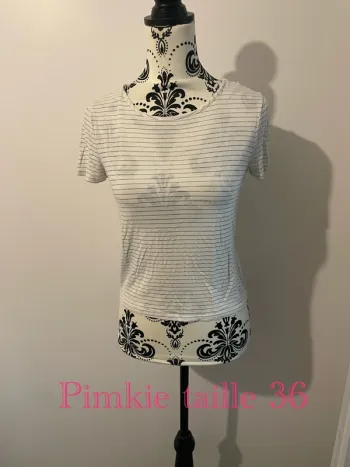 T-shirt à manches courtes blanc rayure argenté col rond pimkie taille 36