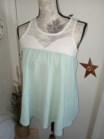 Blouse, Tunique debardeur femme été, mi saison, vert eau, blanc taille 38 ou M