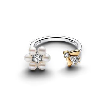 Bague ouverte bridgerton fleur en perles de culture d’eau douce traitées et abeille