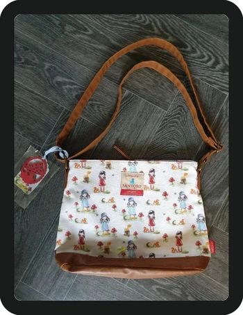Sac à main Santoro cuir + tissu blanc/marron motif petites filles 31x23 cm