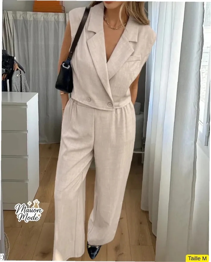 Ensemble M Beige Coordonné Blazer sans Manches - Pantalon Large Neuf Jamais Porté