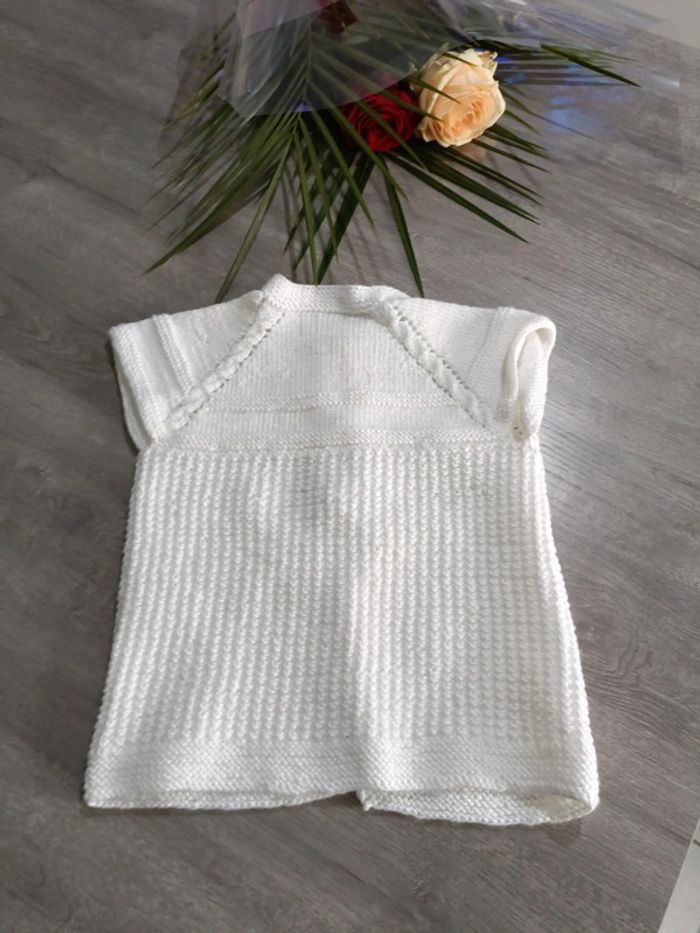 Gilet en laine 100 % manche courte – Blanc – Manches courtes – 80 cm – Boutons - photo numéro 5