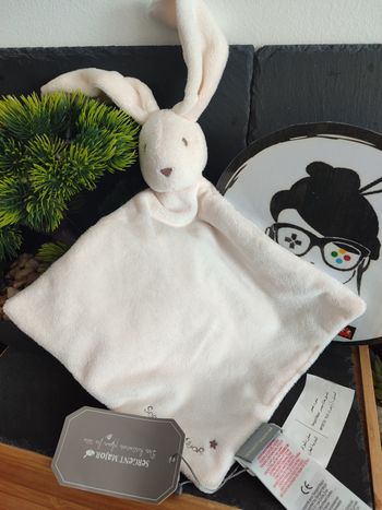 Doudou Lapin Blanc Beige Crème Marron Sergent Major Étoile Mouchoir Plat 3433
