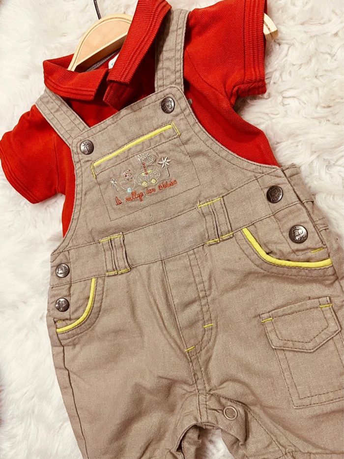 Taille 1 mois ensemble 2 pièces garçon orchestra Obaibi beige et rouge * salopette polo * 💙 - photo numéro 2