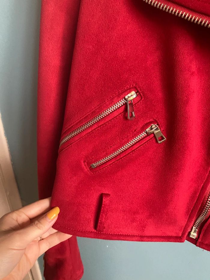 Blouson perfecto style biker en effet daim rouge - photo numéro 3