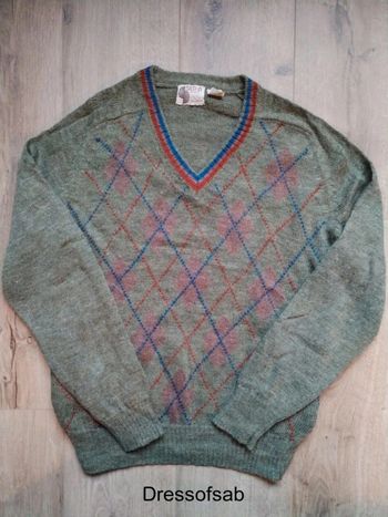Pull vintage à motifs jacquard made in Taiwan Vert Homme