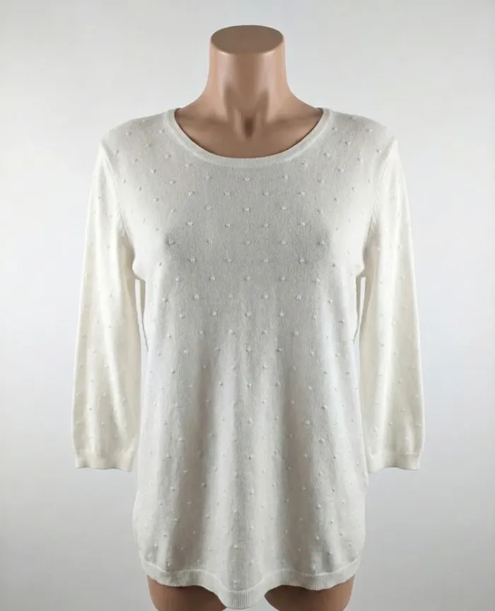 Pull Blanc à Pois (Plumetis) et Dos Boutonné Mango - Taille S (Petites Taches)