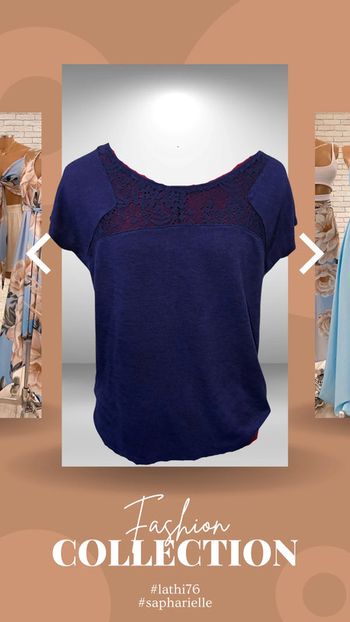 Petit pull bleu léger manches courtes décolleté en dentelle