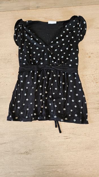 Blouse sans manche ceintrée noire à dessins blancs, Yessica, M, nickel