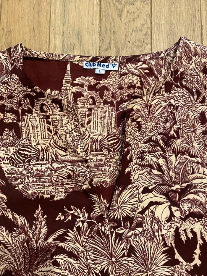 Blouse manches 3/4 bordeaux à motif tropicaux taille L - photo numéro 3