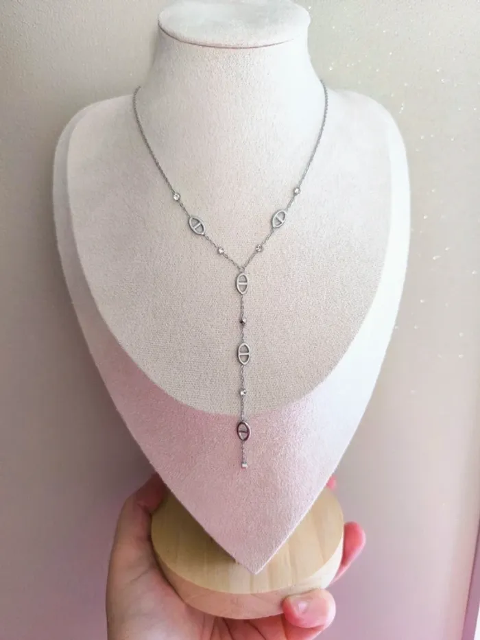 Pendentif argenté en Y maille marine et zircons - photo numéro 9
