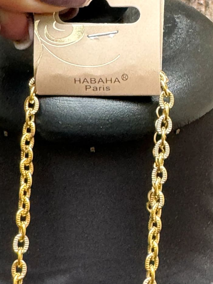 Sautoir habaha Paris acier inoxydable  chaîne  réglable chaises pierres pyrite amazonite dorés - photo numéro 5