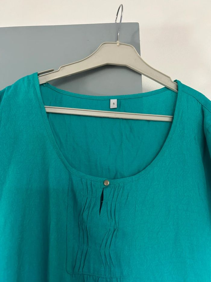 Jolie blouse bleu/vert à petits motifs et serrée • vintage • grande taille / taille unique - photo numéro 3
