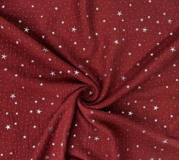 Coupon Mousseline Double gaze de coton rouge brique avec étoiles argentées