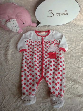 Pyjama grenouillère velours Fille 3 mois à pois et Chat Dpam