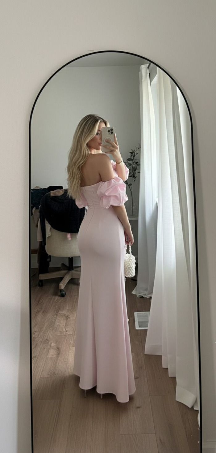 Robe de soirée rose princesse - Épaules dénudées, Perles & Fente haute - photo numéro 2