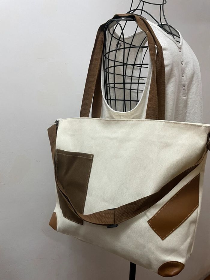 Sac fourre-tout toile marron blanc - photo numéro 7