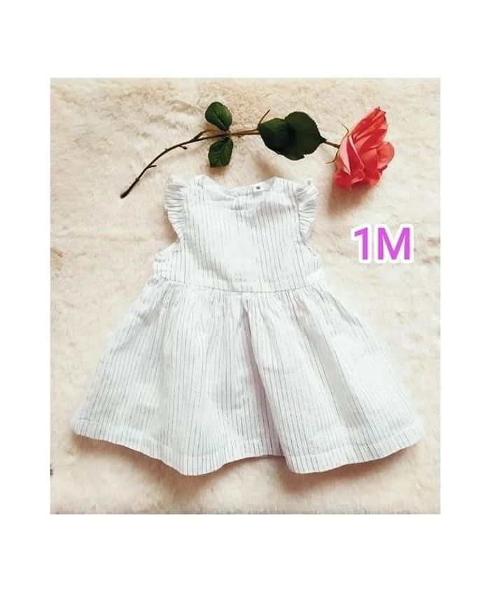 Robe vintage chic bébé fille en coton fin, fines rayures verticales rose foncé pailleté