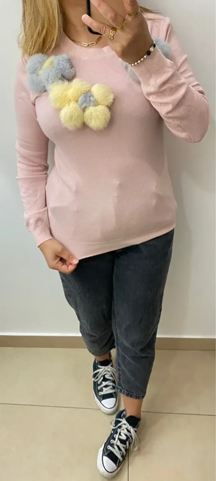 Superbe Pull Fin Avec Pompons Taille Unique - photo numéro 6